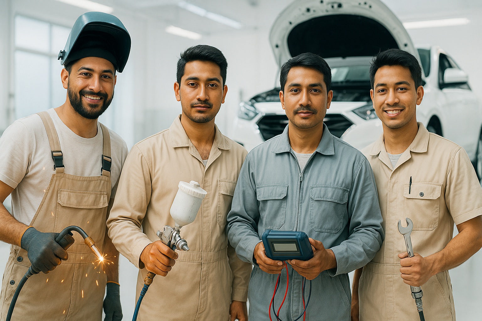 Automotive technicians working with modern vehicles